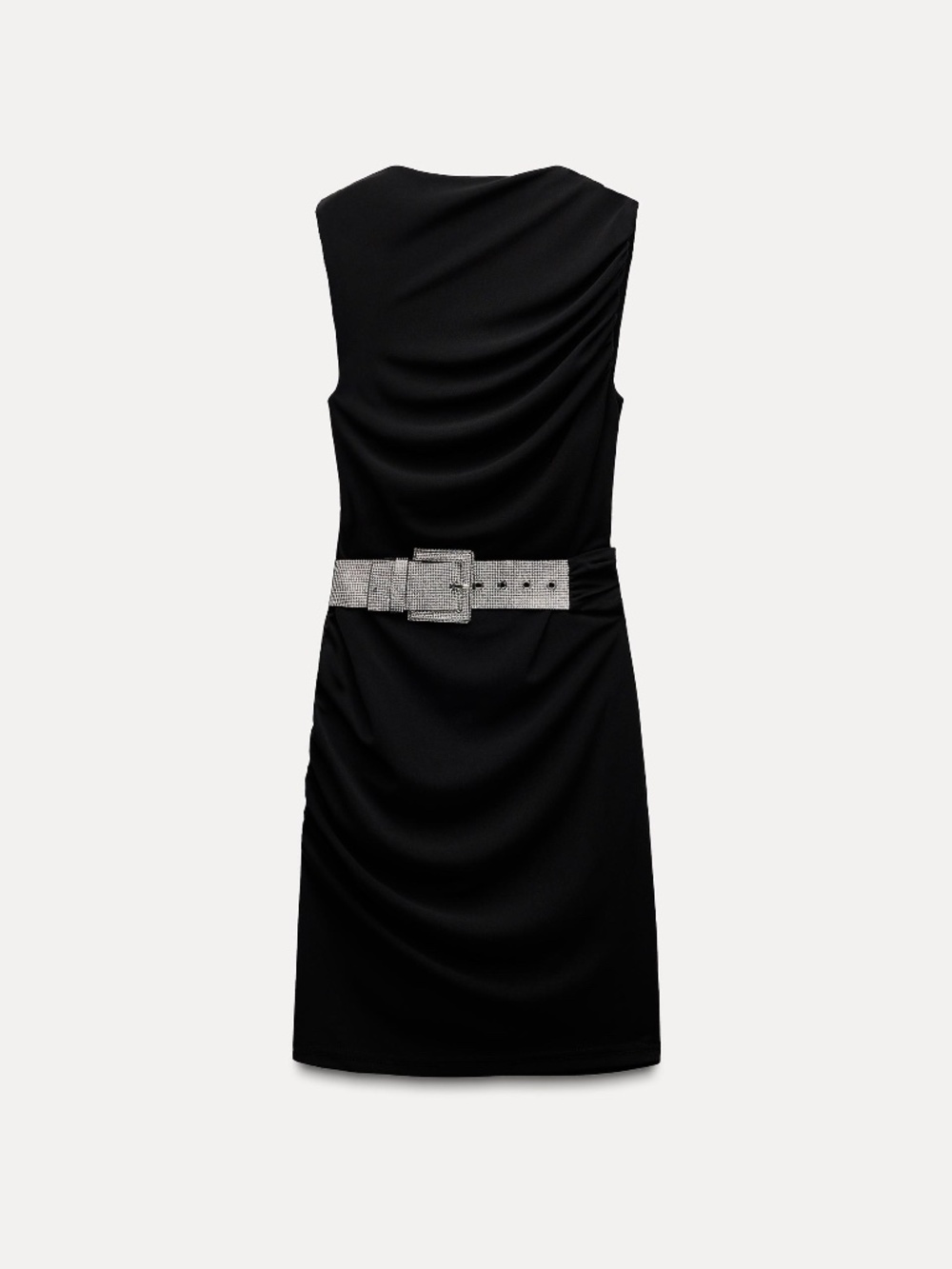 ZARA Black Belted Draped Ruched Dress Rhinestone Belt